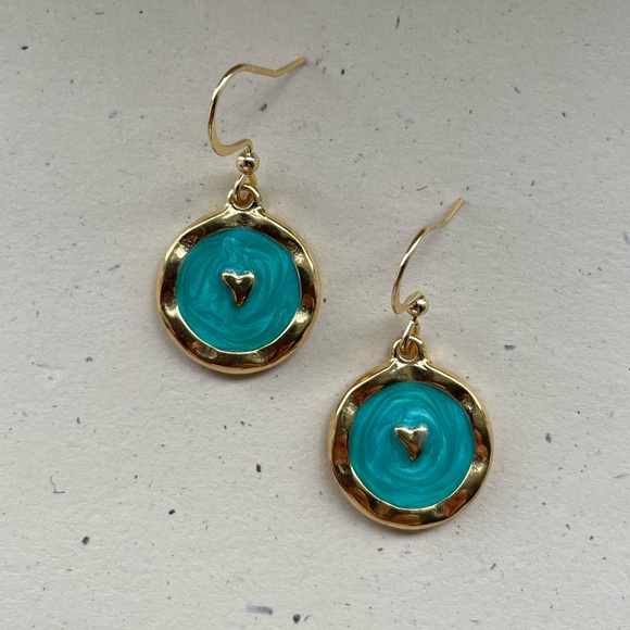 Gold and Blue Heart Charm Earrings - Picture 1 of 4